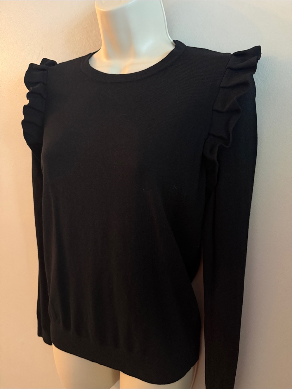 Ann Taylor Black Ruffle Shoulder Crew Neck Sweater